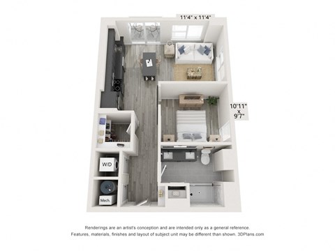 Floor plan for 1 bed, 1 bath, 677 sqft